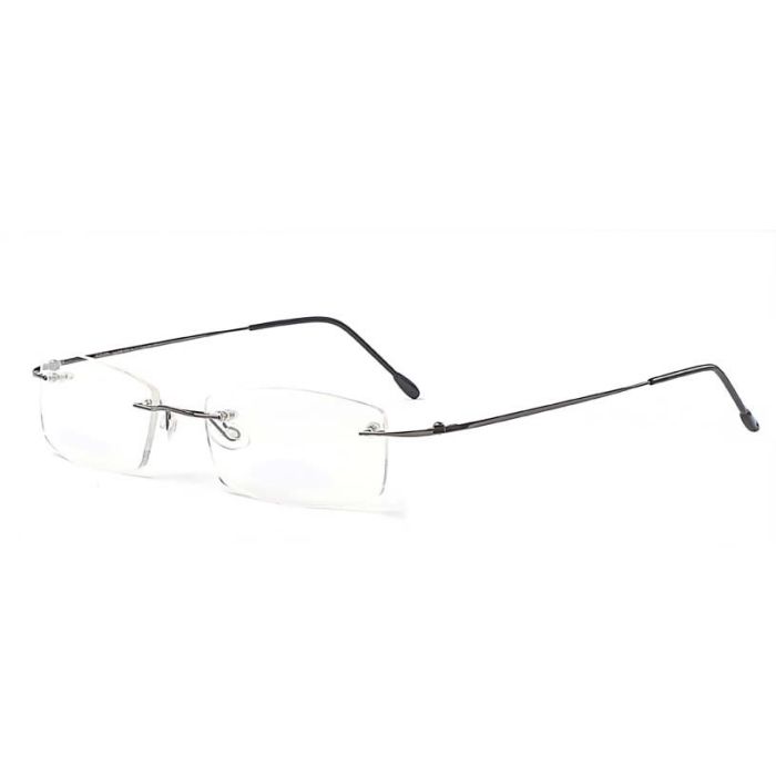 Randlose Brille-eckige Gläser-schmale graue Bügel