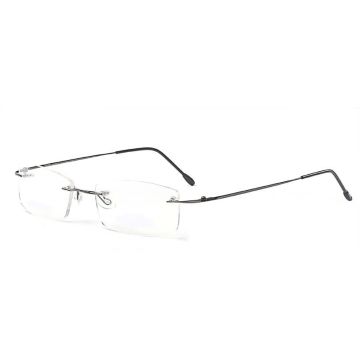 Randlose Brille-eckige Gläser-schmale graue Bügel